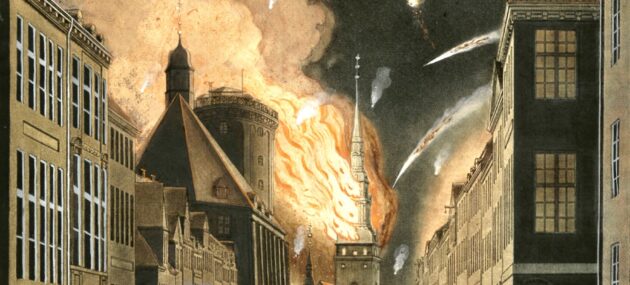 Brand i Vor Frue Kirkes tårn 1807 set fra Landemærket