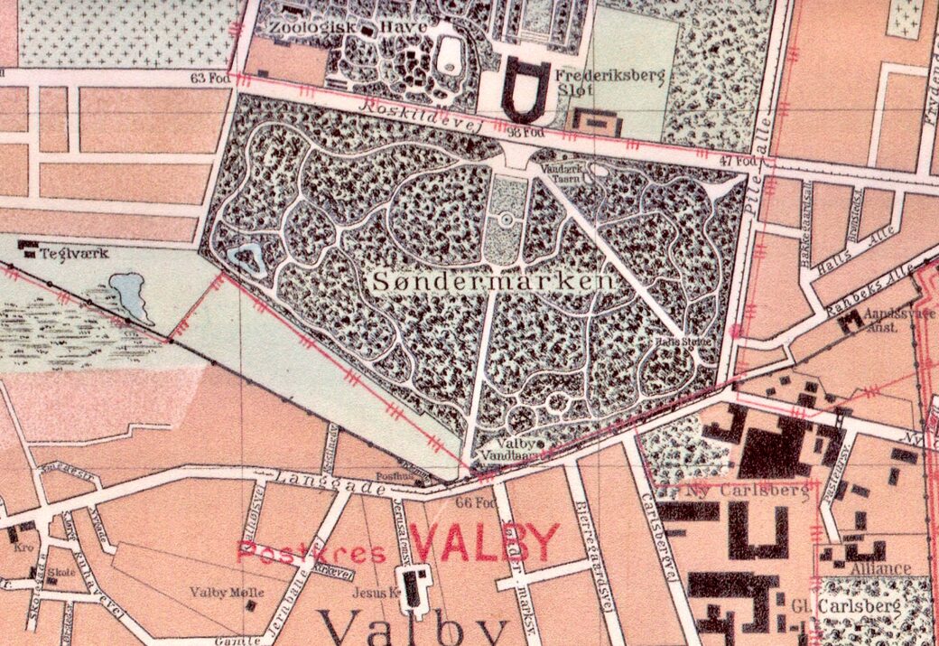 Kort fra 1896 med Valby Vandtårn i den søndre del af Søndermarken