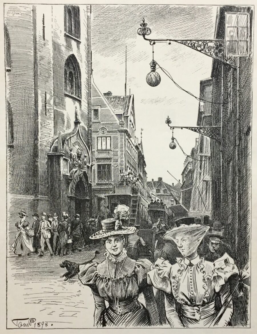 Tom Petersens tegning af forholdene i Købmagergade 1898 Tom Petersens tegning af forholdene i Købmagergade 1898