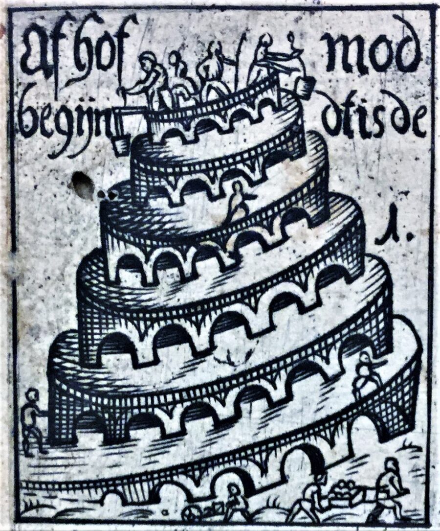 Babelstårnet fra forsiden af Peder Syvs “Nogle betenkninger om det Cimbriske Sprog” 1663 Babelstårnet fra forsiden af Peder Syvs