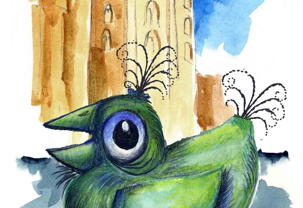 Illustration by Jørn Birkeholm of an yggenyk in front of the Round Tower