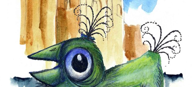 Illustration by Jørn Birkeholm of an yggenyk in front of the Round Tower Illustration by Jørn Birkeholm of an yggenyk in front of the Round Tower