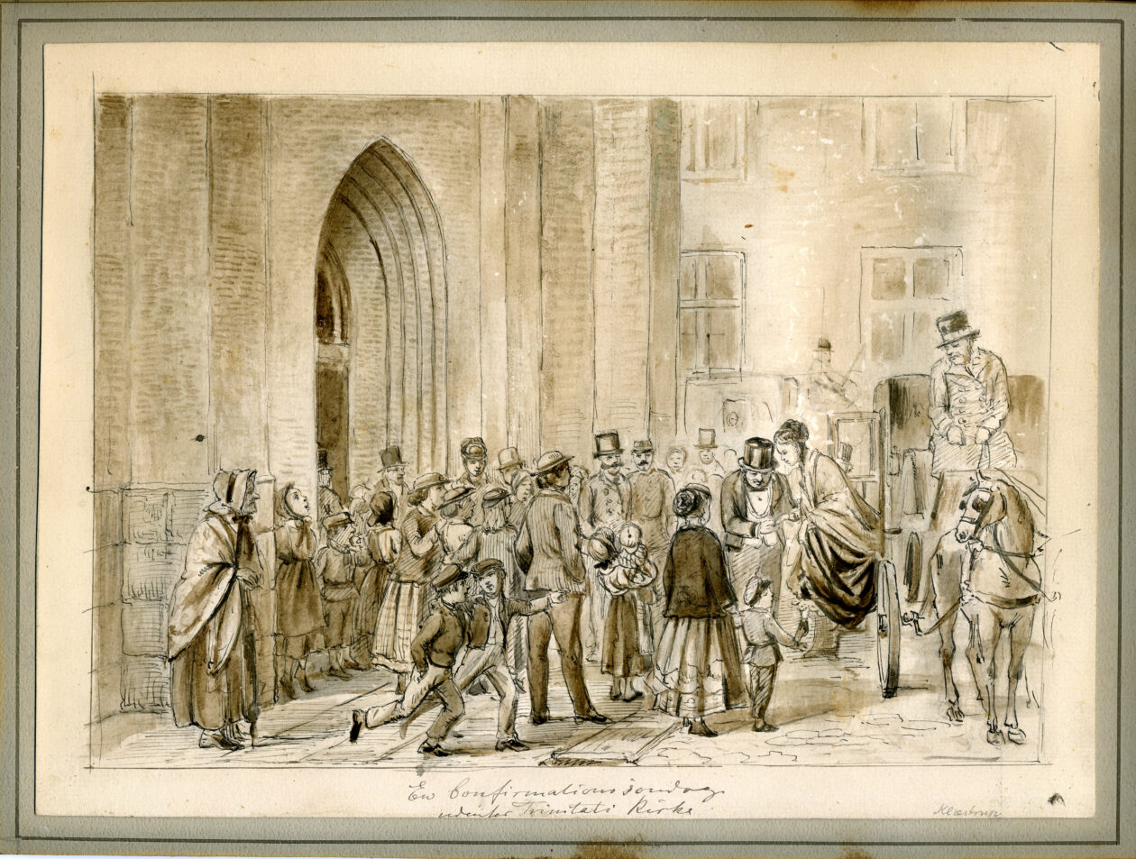 P.C. Klaestrups tegning af en konfirmand, der ankommer til Trinitatis Kirke